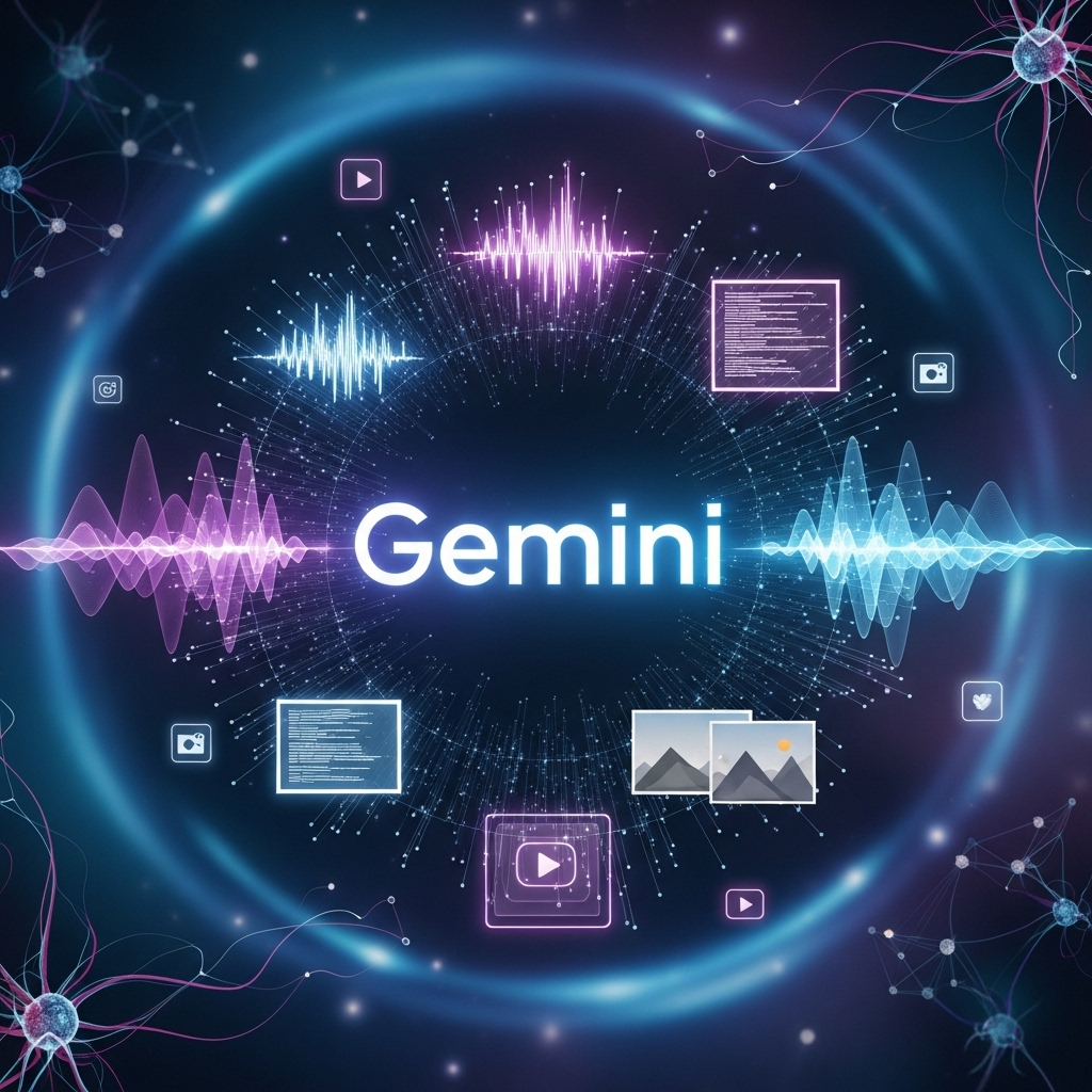 2025년 제미나이 AI의 발전된 멀티모달 기능을 시각적으로 표현한 디지털 아트. 빛나는 제미나이 로고 주변으로 텍스트, 이미지, 오디오, 비디오 데이터가 유기적으로 연결된 모습
