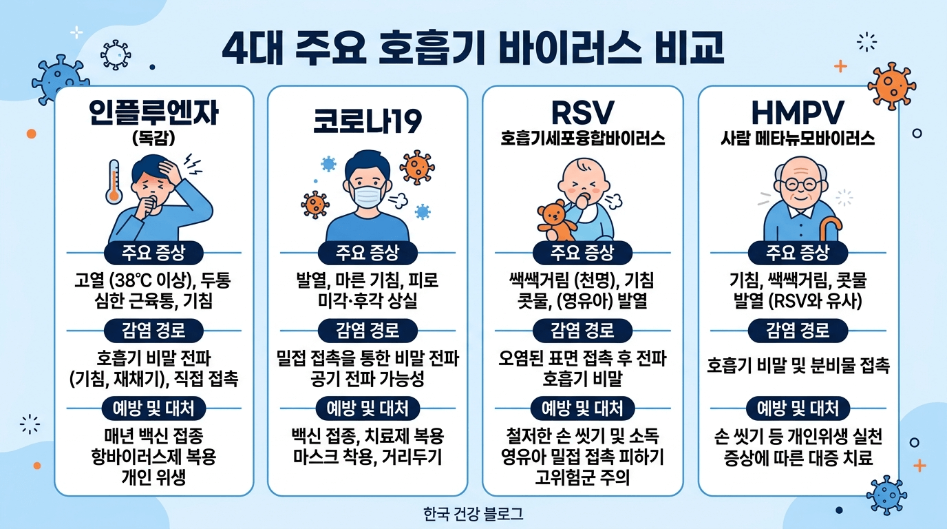 인플루엔자 코로나19 RSV HMPV 4대 호흡기 바이러스 유형 비교 인포그래픽