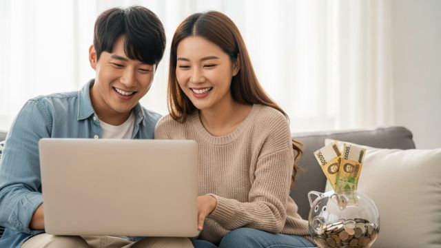 2026년 연말정산 환급금을 확인하며 기뻐하는 신혼부부의 모습