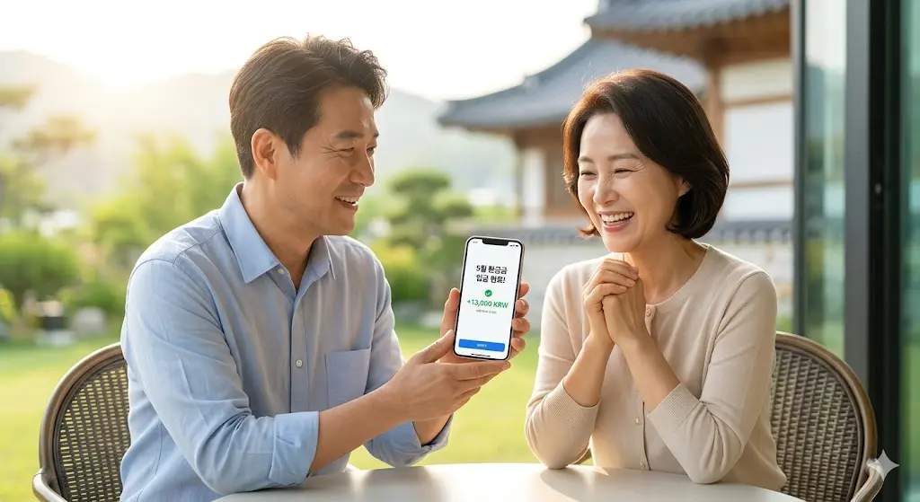 남편이 스마트폰 화면을 보여주고 있으며, 화면에는 '5월 환급금 입금 완료!'라는 문구와 원화(KRW) 환급 금액이 표시되어 있다.