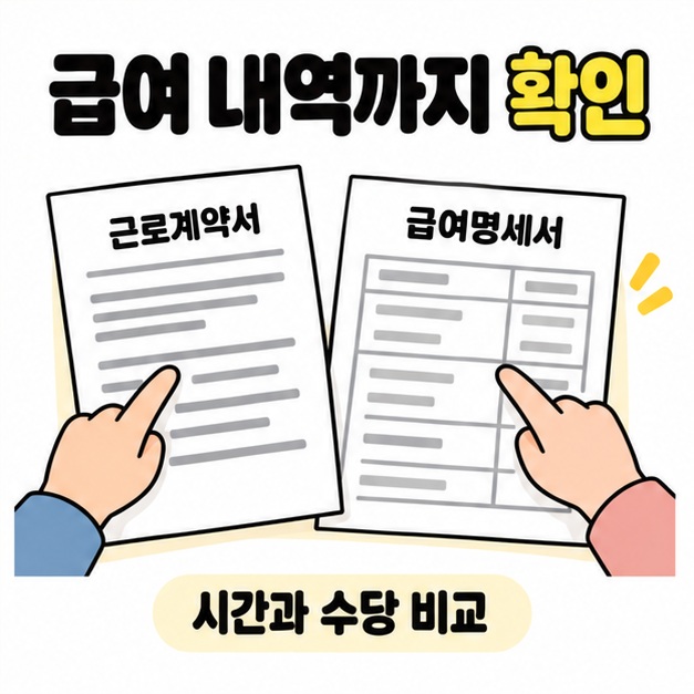 급여 내역까지 확인이라는 문구 아래 근로계약서와 급여명세서의 항목을 짚으며 시간과 수당을 비교하는 손