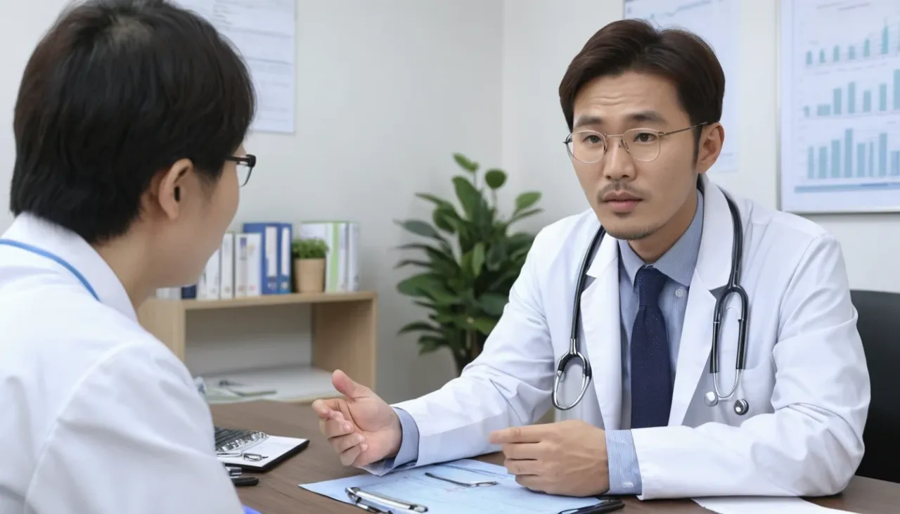 의사에게 국가건강검진 항목에 대한 설명을 듣는 모습