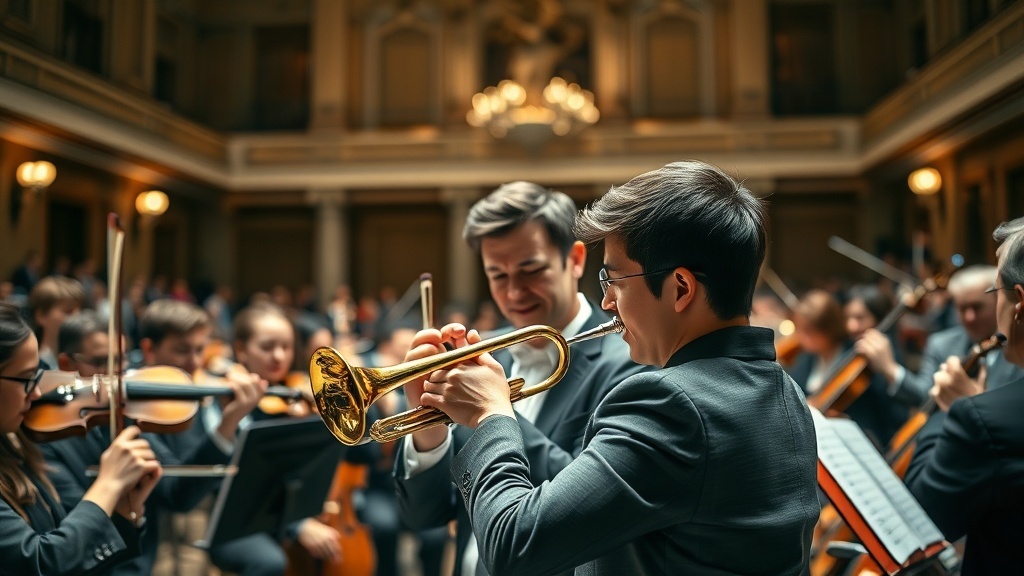 고전음악의 아버지 요제프 하이든의 트럼펫 협주곡 E-flat 장조 연주장면을 묘사한 AI생성 이미지. 화려한 공연장에서 오케스트라와 함께 트럼펫을 연주하는 연주자의 모습이 3악장의 경쾌하고 활기찬 분위기를 보여줌.
