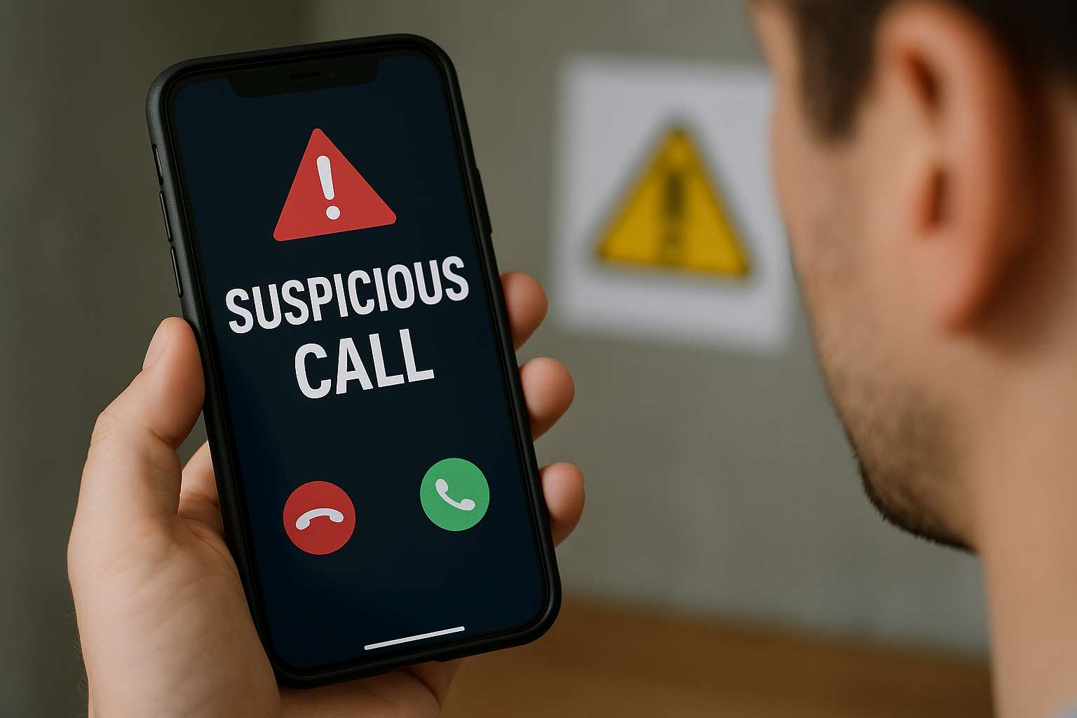 의심스러운 전화를 수신 중인 남성의 스마트폰 화면 모습