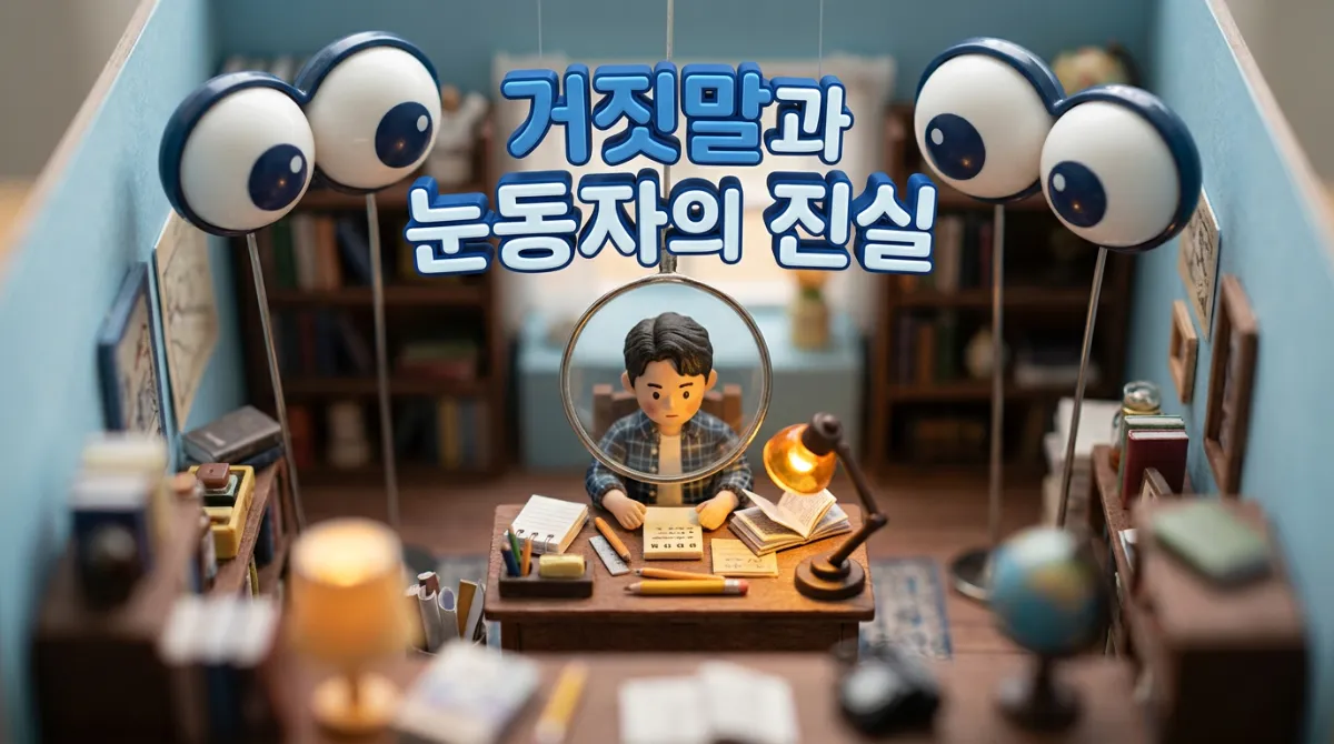 틸트 시프트 기법으로 제작한 거짓말 탐지와 눈동자 움직임의 심리학을 상징하는 미니어처 디오라마 이미지