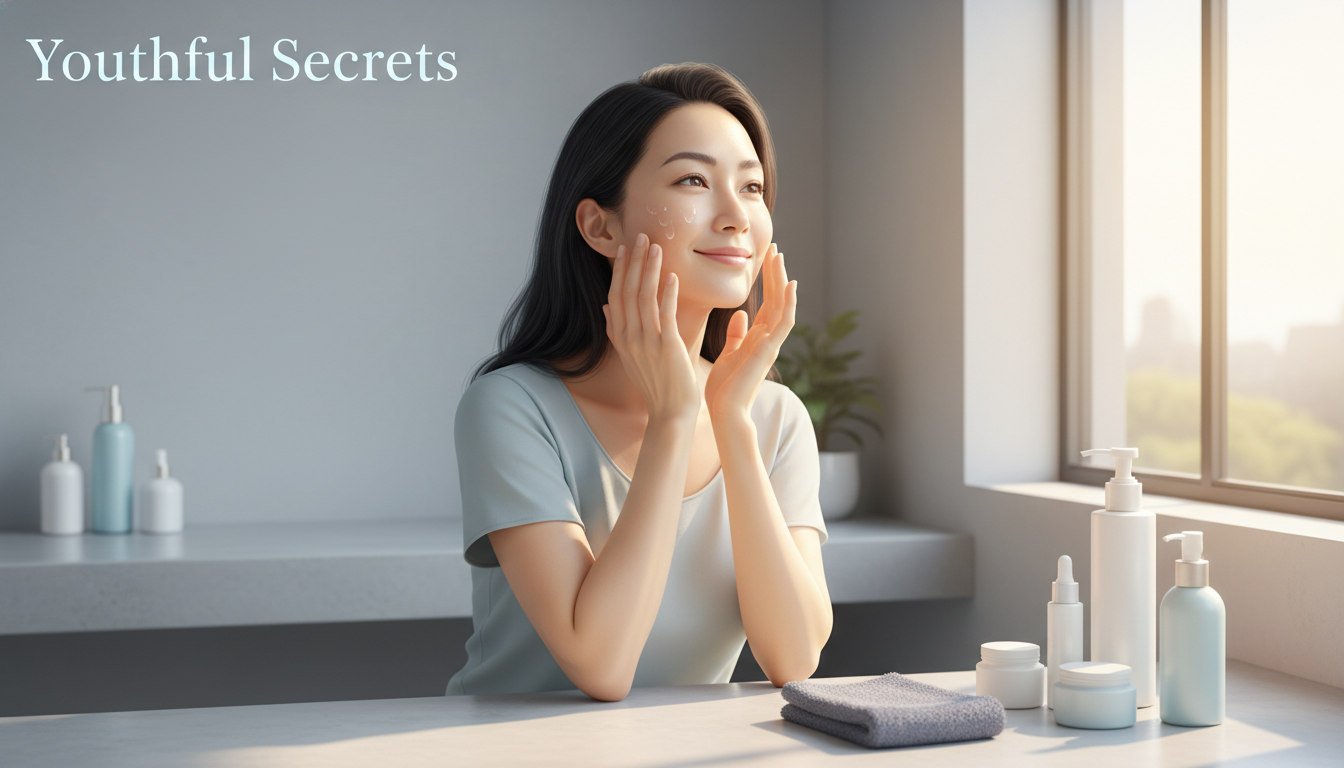 40대 동안 피부 관리를 위해 아침 스킨케어를 하며 보습을 채워주는 여성