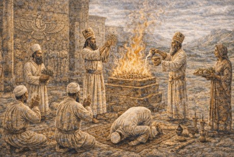 사파비드 이전 고대 페르시아에서 조로아스터교 사제가 성화 앞에서 제례 의식을 집행하는 종교 문화 장면