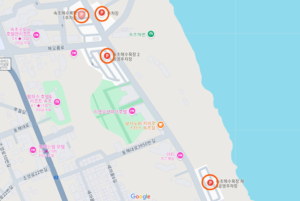 속초해수욕장-가까운-공영주차장들