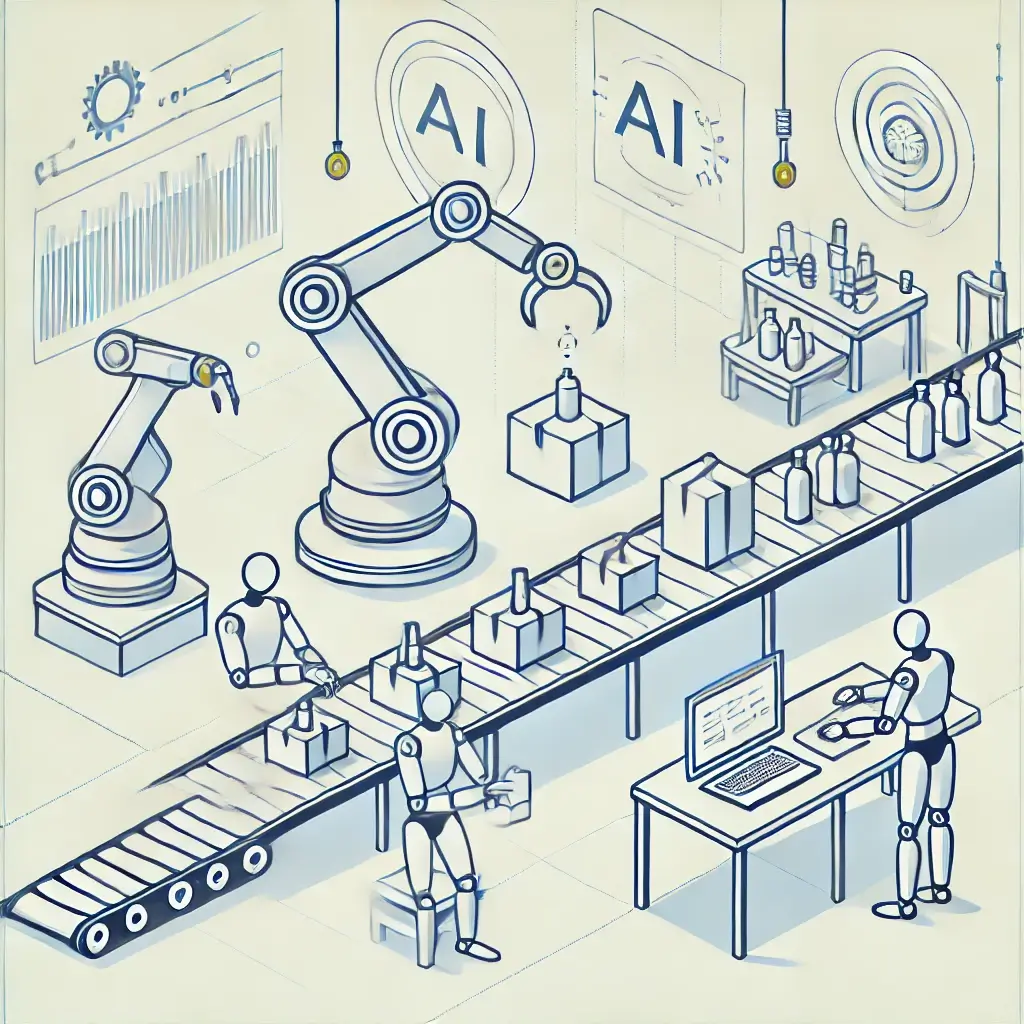 로봇 팔이 작업 중인 AI 자동화 공장의 모습.