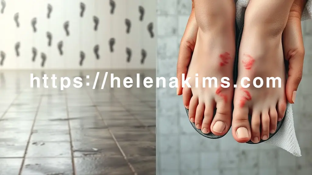 왼쪽 패널: 뿌옇고 흐릿한 배경에 공중목욕탕 바닥이나 탈의실 바닥이 축축하게 젖어 있는 모습. 흐릿하지만 맨발의 여러 발자국 실루엣이 희미하게 보인다.
오른쪽 패널: 같은 질감의 배경에 선명하게 발가락 사이가 붉고 짓무른 발이 클로즈업. 왼손에는 다른 한 손에는 축축한 수건이 놓여져 있다.