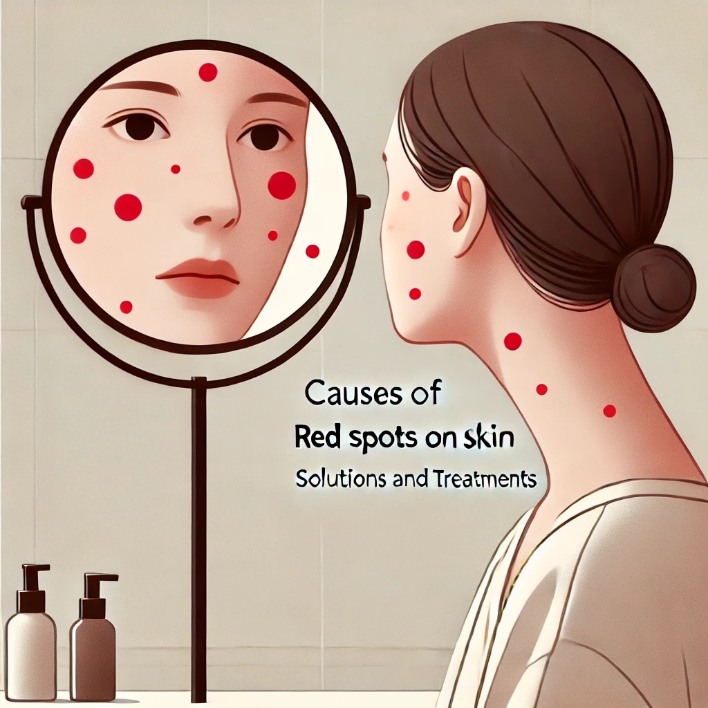 피부에 붉은 반점이 생긴 모습을 거울로 확인하는 사람. 알레르기, 피부염 등으로 인한 붉은 반점을 설명하는 썸네일 이미지.