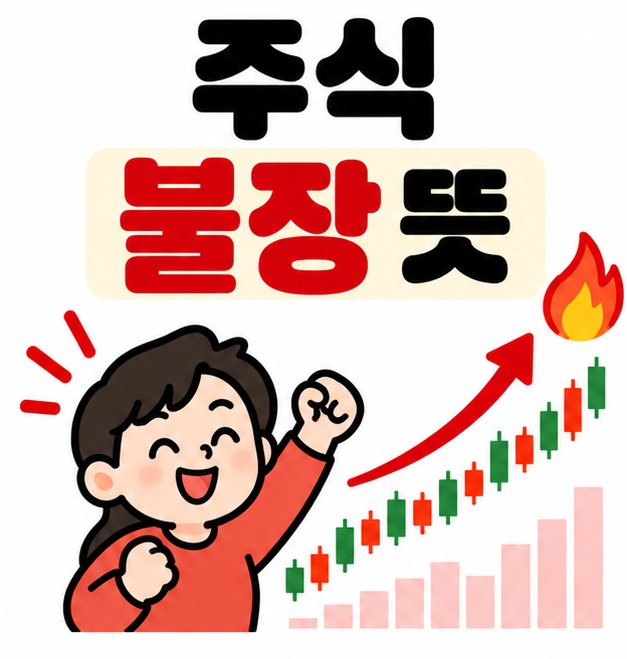 상승하는 주가 차트와 뜨거운 불꽃 아이콘 옆에 주식 불장 뜻 문구를 크게 보여주는 대표 카드