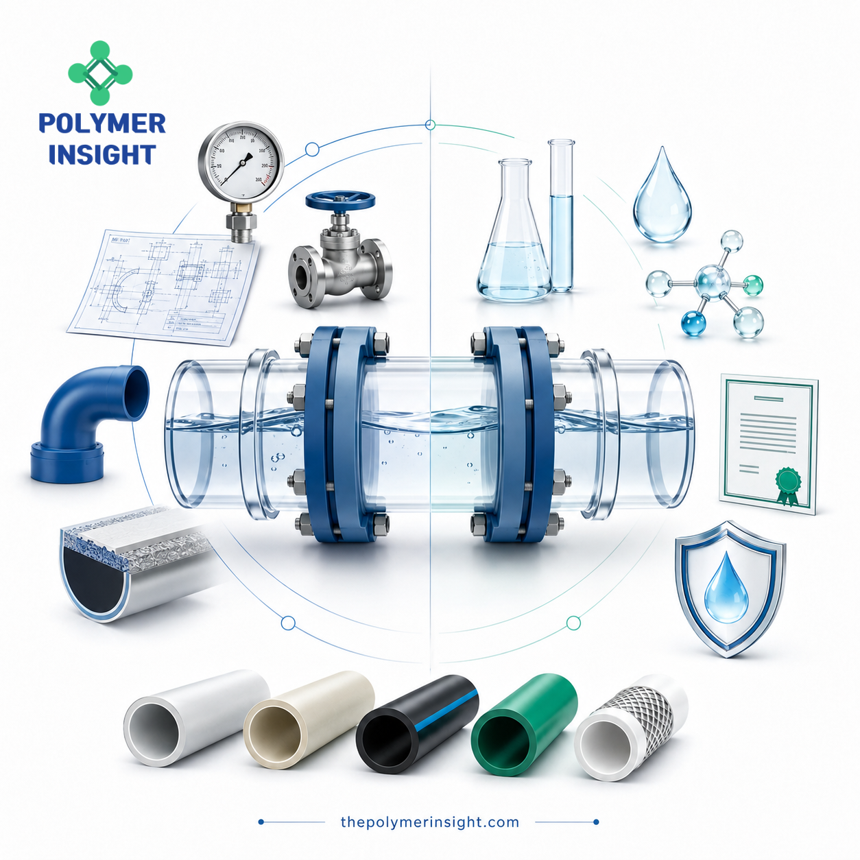 NSF 14 배관 성능시험과 NSF 61 음용수 Health Effects 평가를 상징하는 Pressure Pipe, Fitting, Valve 및 시험기구
