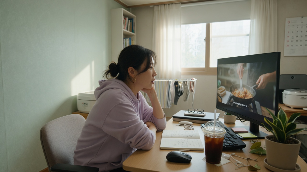 모니터 앞에서 영상을 재생하는 사람