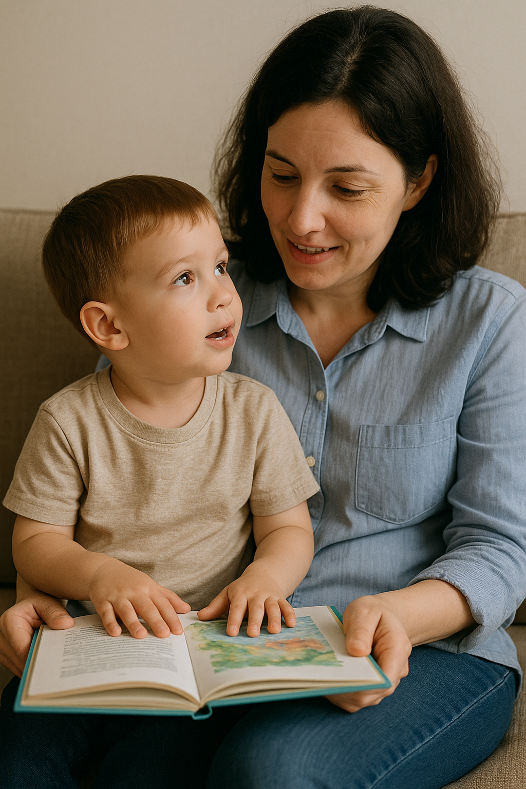 아이가 말을 늦게 할 때 부모가 함께 책을 보며 대화하는 따뜻한 장면