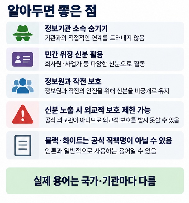정보기관 소속 숨기기 민간 신분 활용 정보원 보호 신분 노출 위험 등 블랙요원이 신분을 숨기는 이유를 설명한 이미지