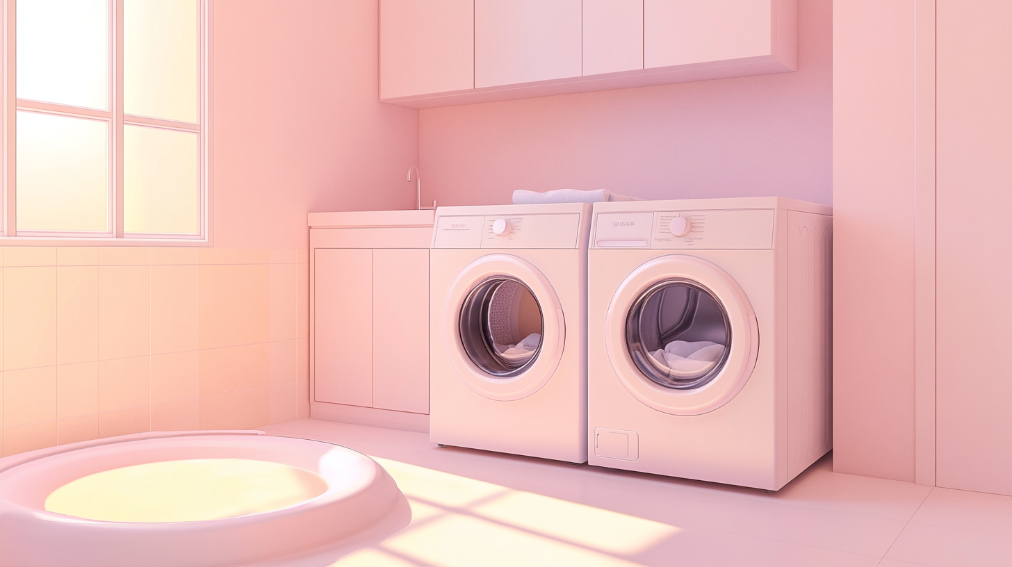 스타일리시하고 미니멀한 세탁실에서 세탁기와 건조기가 조화를 이루는 모습