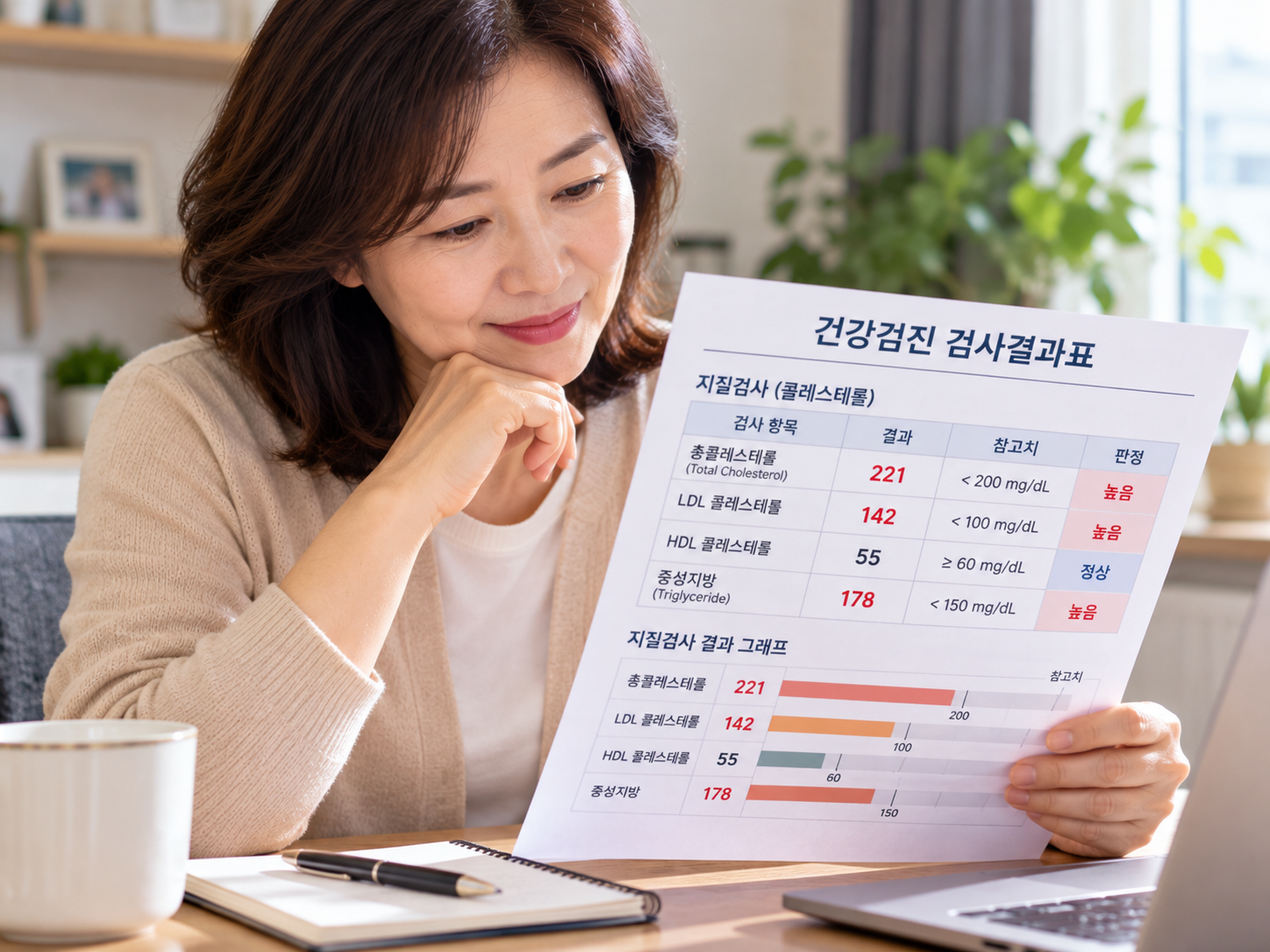 건강검진 결과표에서 콜레스테롤 수치를 확인하는 40~50대 성인