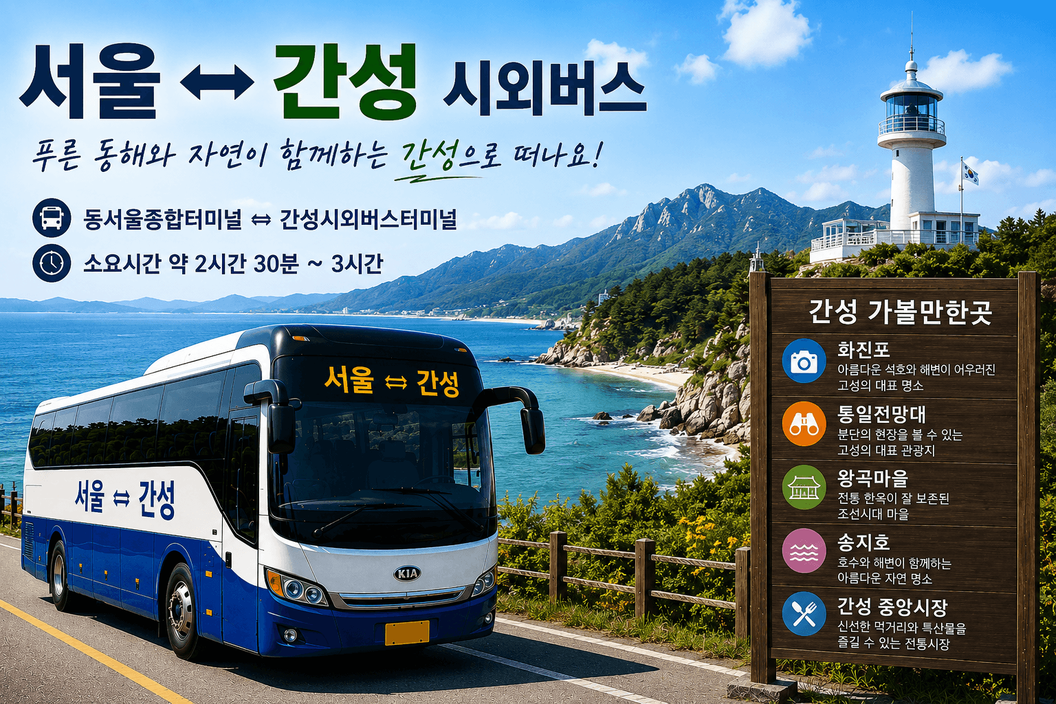 서울과 간성을 오가는 시외버스와 고성 관광지
