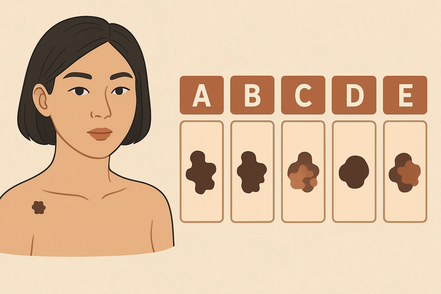 ABCDE 룰을 시각화한 의학 인포그래픽, 비대칭·불규칙 경계·여러 색·6mm 이상 크기·변화하는 점