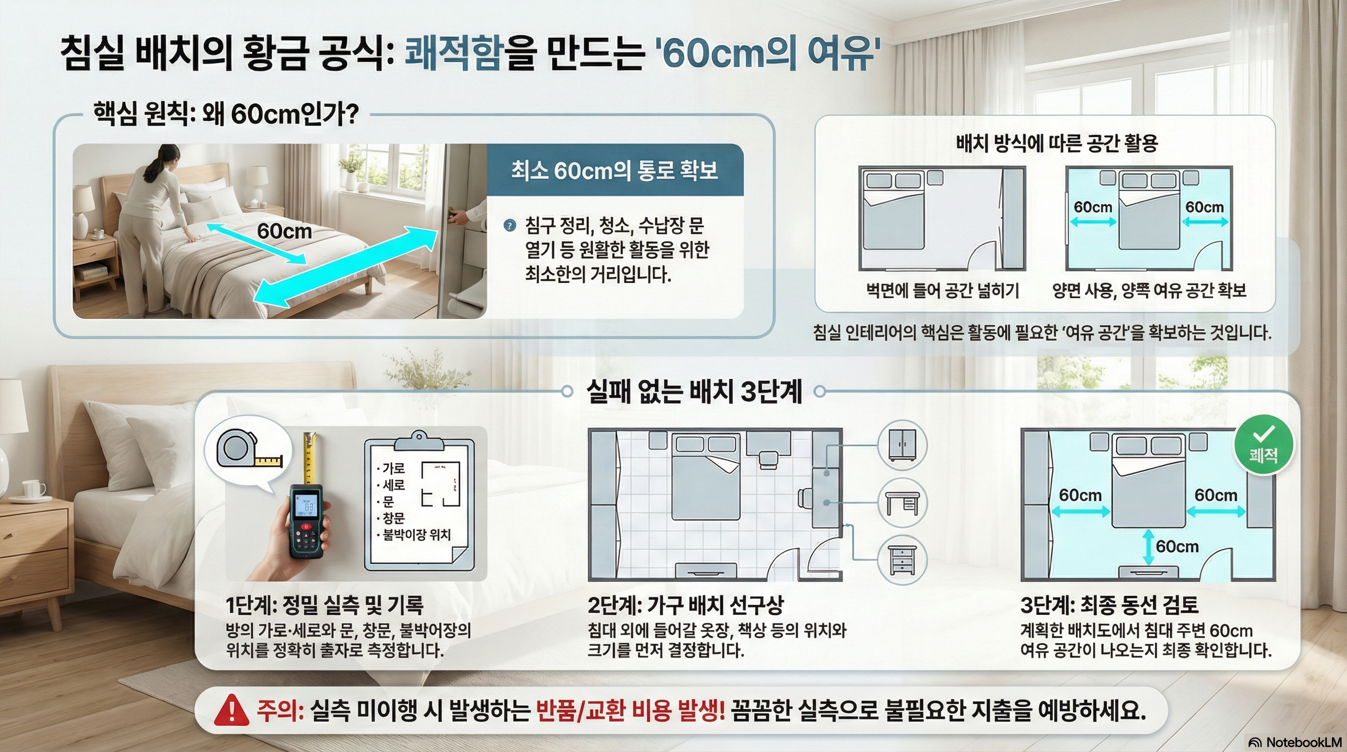침대 배치의 황금 공식 60cm의 여유 인포그래픽