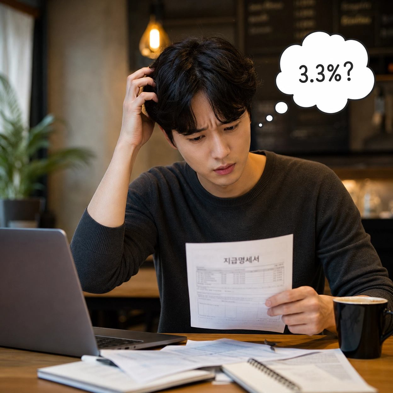 "3.3% 세금을 뗐으니 세금 신고가 끝났다"고 생각하며 의아해하는 프리랜서의 모습을 담은 공감 가는 이미지를 제작해 드리겠습니다. 세금 신고(종합소득세)에 대한 궁금증과 고민이 느껴지는 일상적인 분위기로 표현