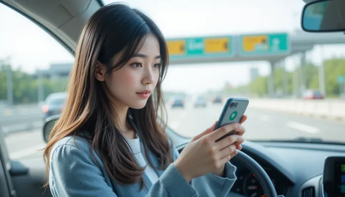 고속도로 통행료 조회를 위해 스마트폰 앱을 확인하는 여성의 모습