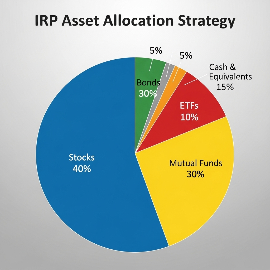 IRP 자산 배분 전략을 보여주는 파이 차트. 주식, 채권, 펀드 등 다양한 투자 상품의 비중이 명확하게 구분되어 있습니다.
