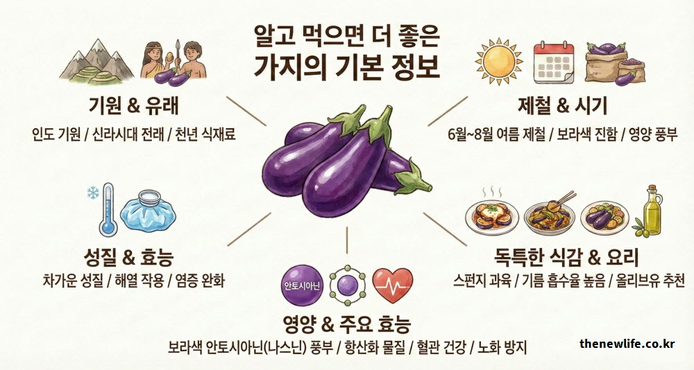 가지효능의 기본 정보와 여름 제철 채소로서의 성질을 설명하는 이미지
