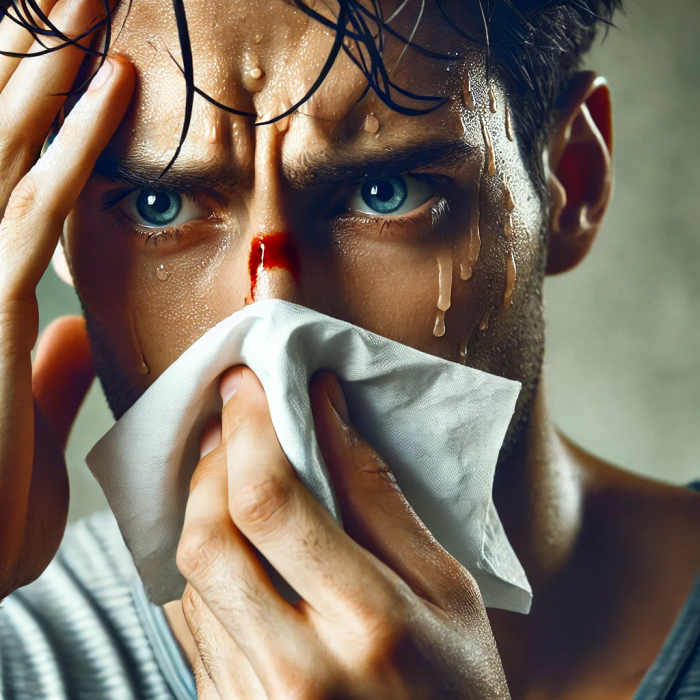 고혈압으로 코피가 나는 상황을 나타내는 이미지, 콧등에 휴지를 대고 있는 모습.