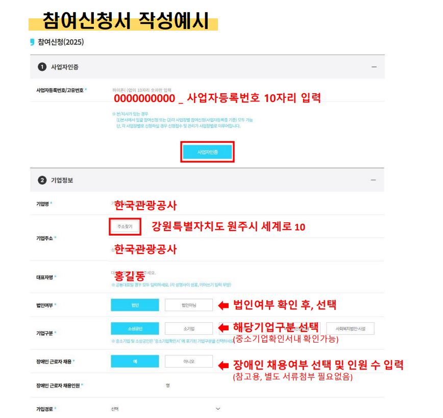 근로자휴가지원사업 참여신청서 작성예시