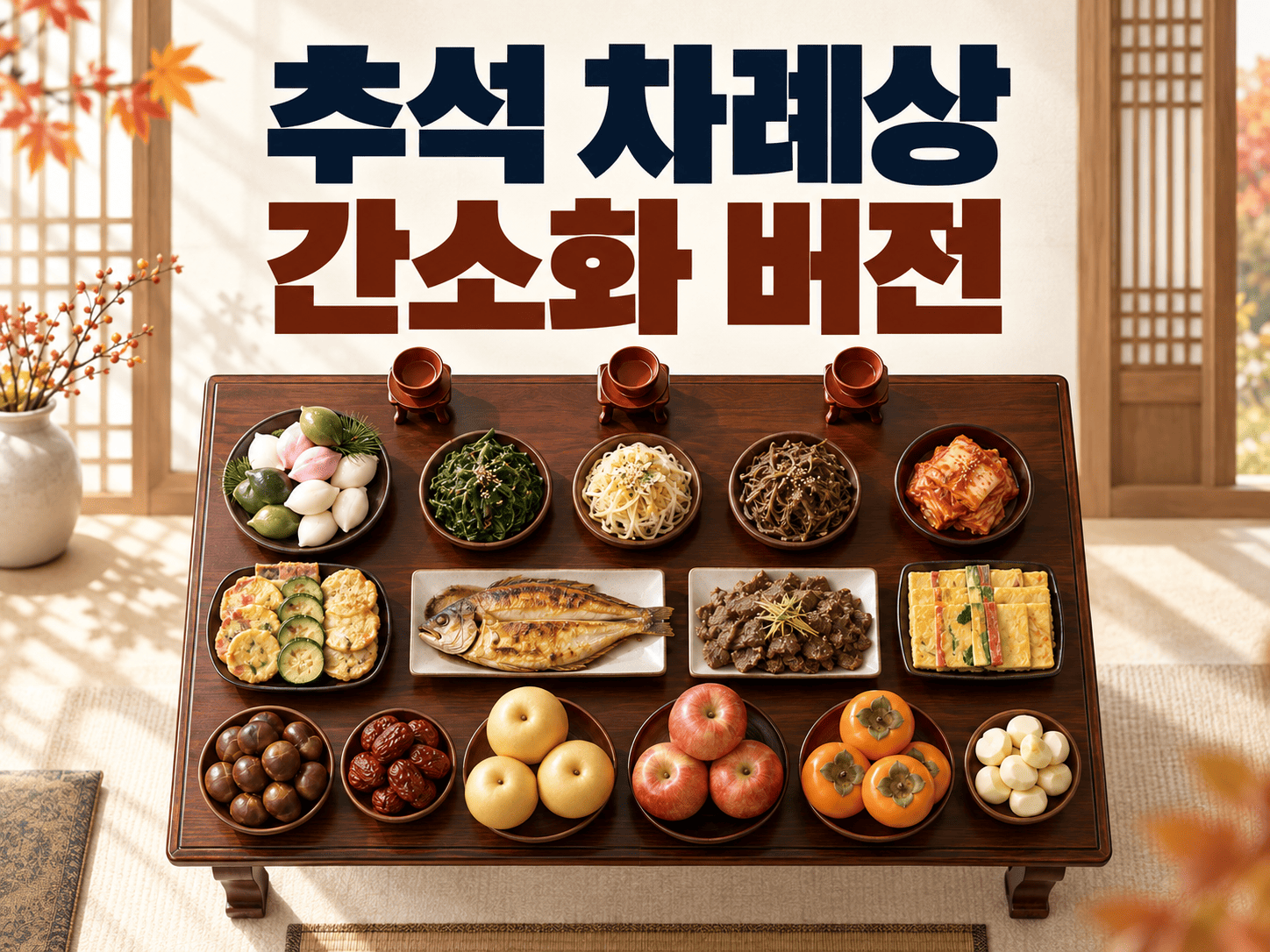 송편과 나물, 구이, 김치, 네 가지 과일과 술을 간소하게 차린 추석 차례상9가지 간소화 버전