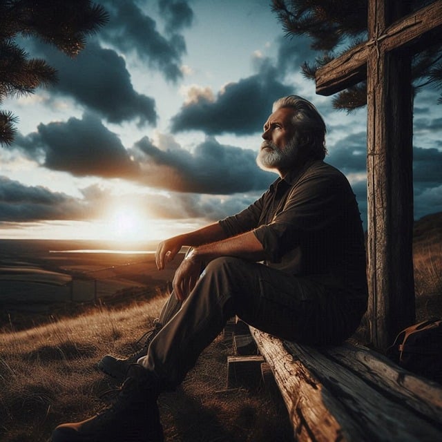 나무에 걸터앉아 구원을 꿈꾸는 노인의 이미지