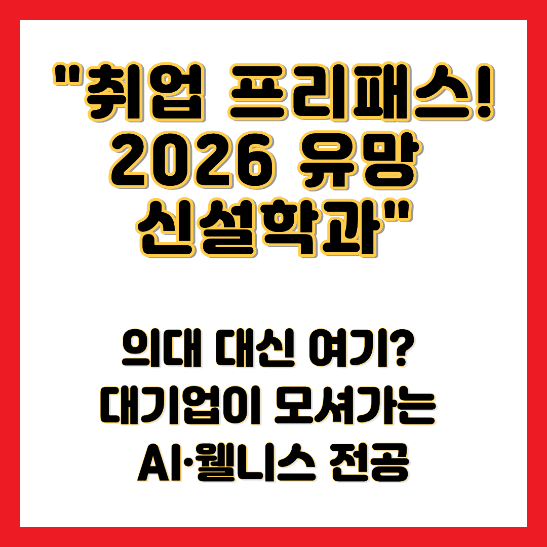 취업 프리패스! 2026 유망 신설학과라는 문구가 적힌 2026년 대학 신설학과 트렌드 및 AI 웰니스 융합 유망 전공 분석
