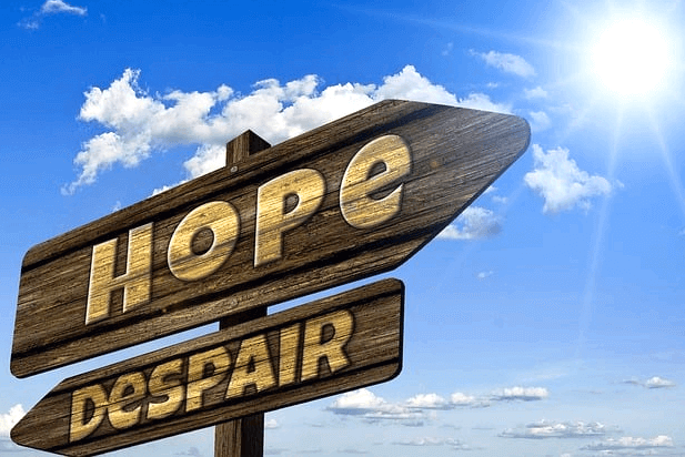 파란 하늘에 햇살이 비추고, 나무 표지판에 영문자로 hope와 despair가 적혀있다.
