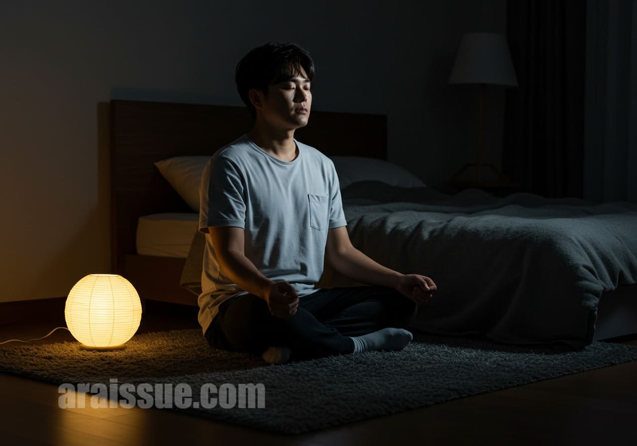 수면 전 명상하는 남성의 고요한 모습
