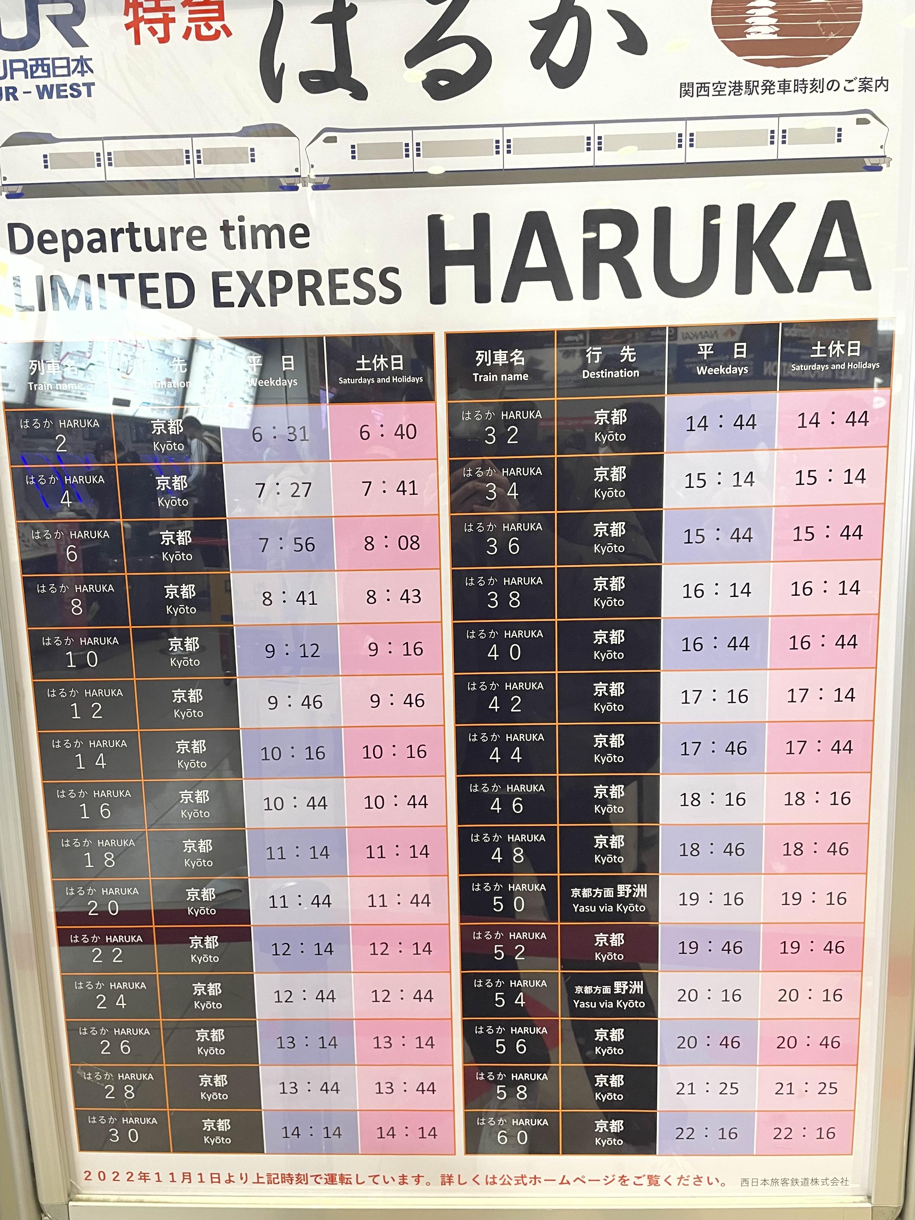 간사이 공항에서 하루카 열차 시간표