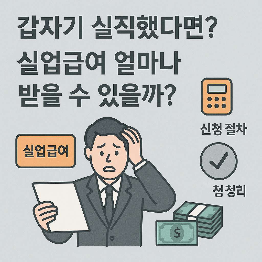 갑자기 실직했다면? 실업급여 얼마나 받을 수 있을까?&rdquo;라는 문구와 함께, 당황한 표정의 정장을 입은 남성이 서류를 들고 있는 모습. 주변에는 &lsquo;실업급여&rsquo;, 계산기, 돈 더미 아이콘이 함께 배치되어 있으며, 신청절차 및 정리 내용을 안내하는 인포그래픽 스타일의 썸네일