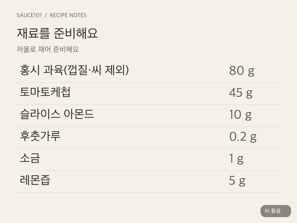 홍시 과육(껍질&middot;씨 제외) 80 g, 토마토케첩 45 g, 슬라이스 아몬드 10 g, 후춧가루 0.2 g, 소금 1 g, 레몬즙 5 g