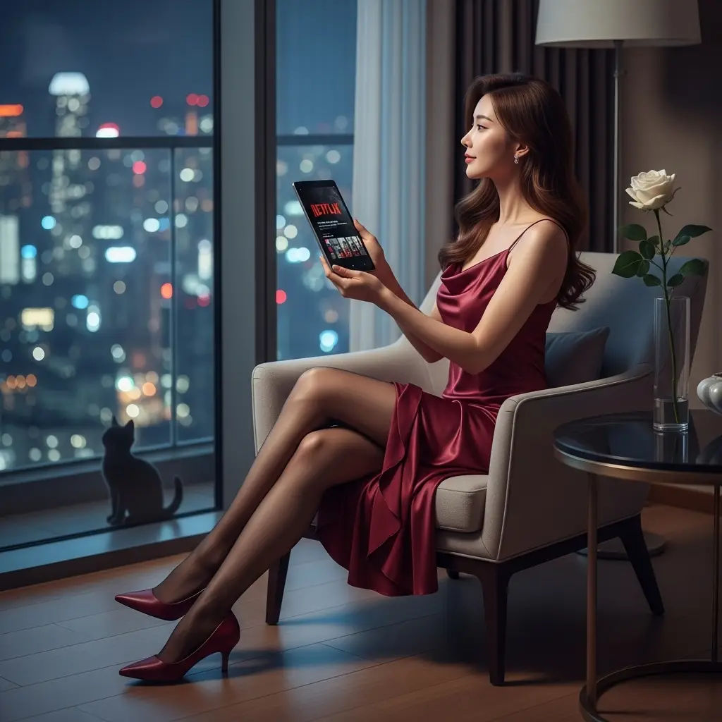 세련된 20대 한국인 여성이 펜트하우스에서 도시의 야경을 배경으로 넷플릭스를 즐기는 모습.