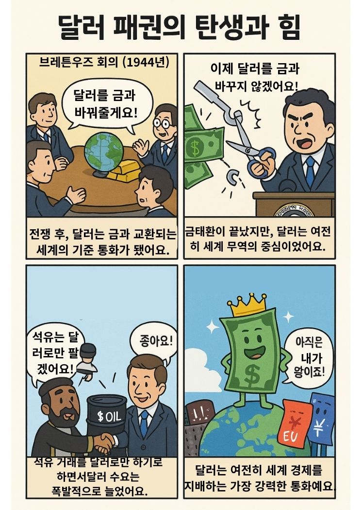 944년 브레튼우즈 회의에서 달러가 금과 교환되는 세계 기준 통화로 채택되고, 1971년 닉슨 쇼크로 금태환이 종료되었지만 여전히 무역 중심 통화로 유지됨. 1970년대 석유 거래를 달러로만 하기로 한 페트로달러 체제로 수요가 급증하며, 오늘날까지 달러가 세계 경제를 지배하는 모습의 달러패권 4컷 만화.