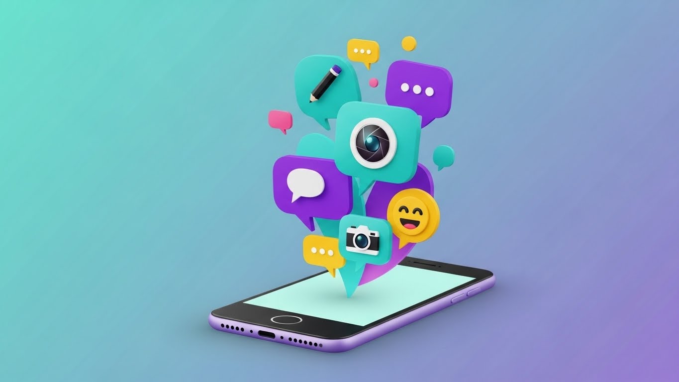 SNS를 통해 가게의 진솔한 이야기를 전달하며 고객과 소통하는 마케팅 방법을 상징하는 그래픽