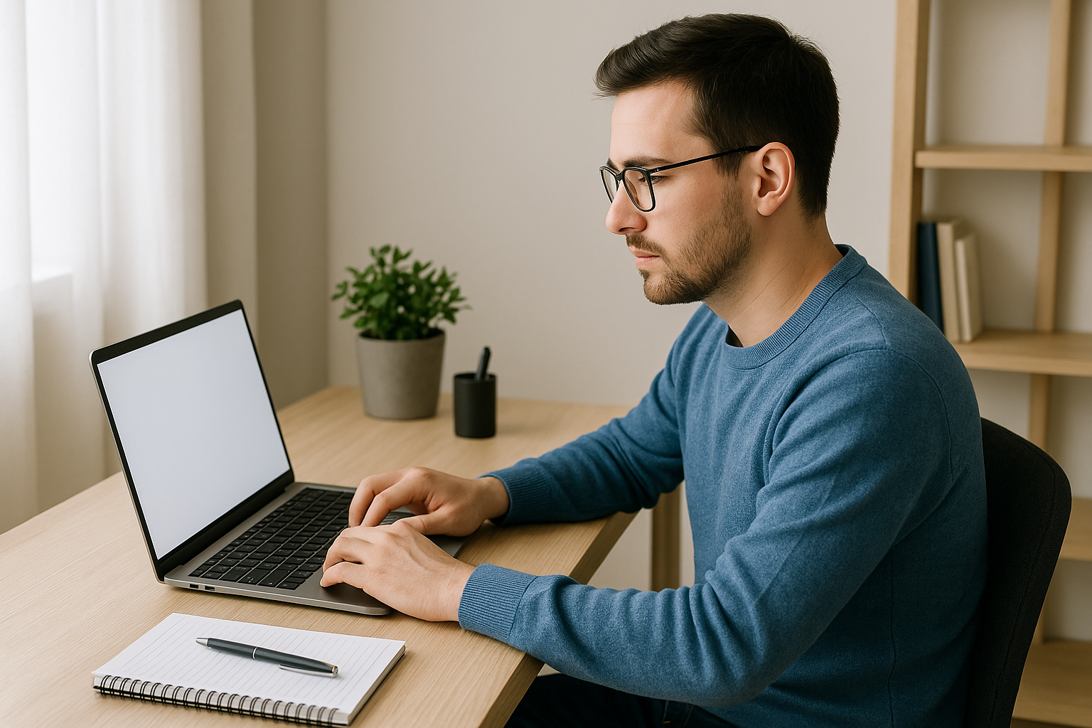 책상 앞에 앉아 노트북으로 재택근무 중인 사람의 모습