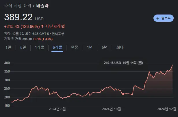 테슬라-주가-일봉-6개월-우상향-389$