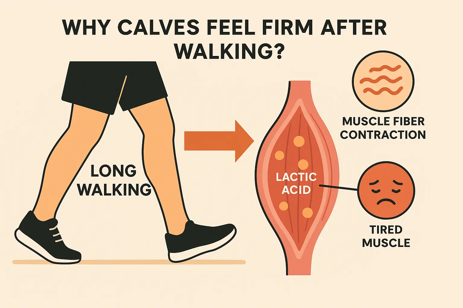 장시간-걷기-활동으로-유발된-젖산-축적과-근섬유-수축이-종아리-근육을-단단하고-피로하게-만드는-구조를-인포그래픽으로-표현