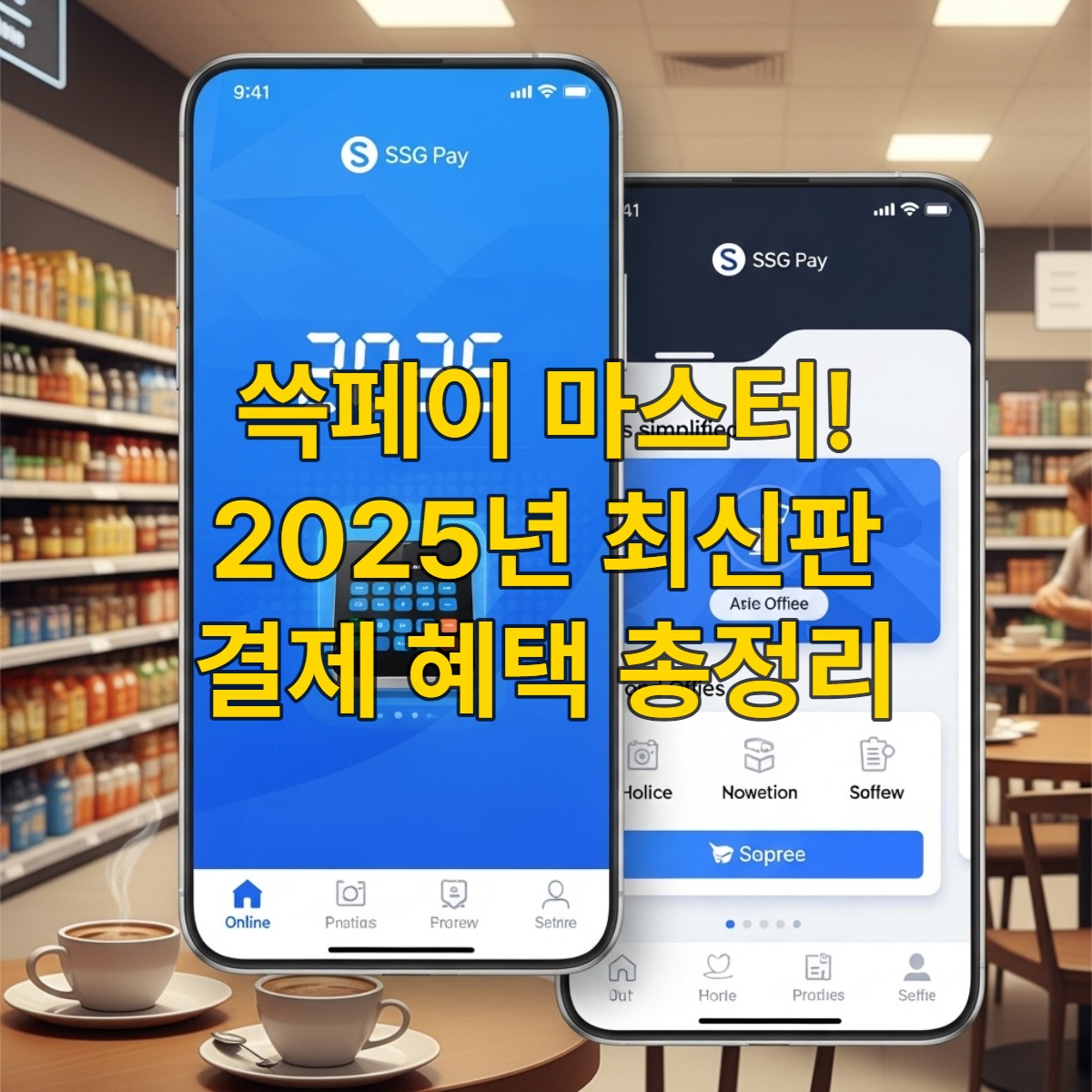 2025년 최신 SSG페이 앱 화면이 보이는 스마트폰 이미지, 간편 결제와 포인트 적립을 상징하는 밝고 현대적인 디자인.