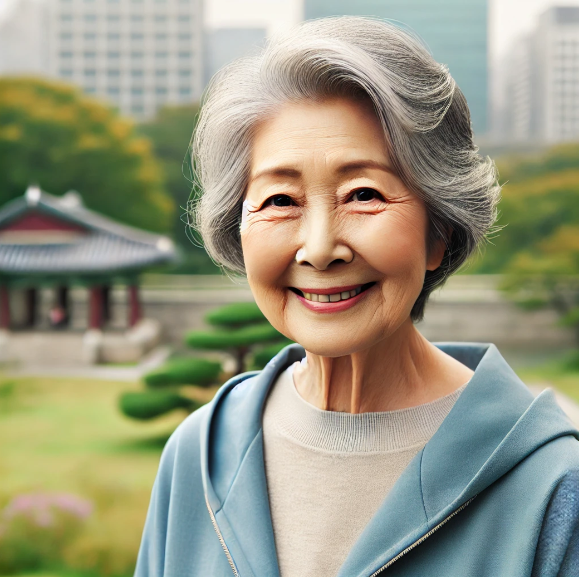 서울의 평화로운 공원에서 웃고 있는 한국의 노년 여성