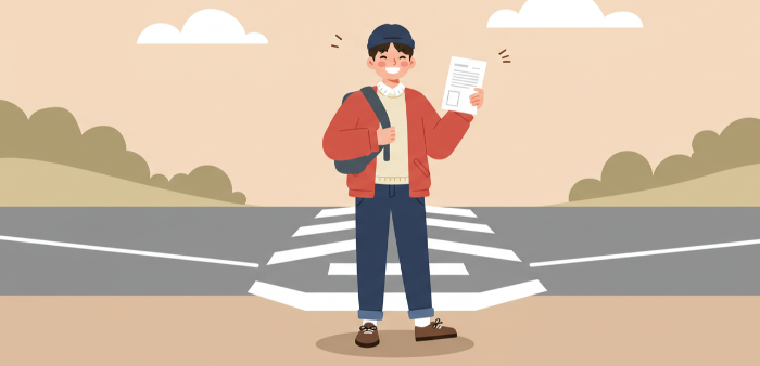 간이과세자와 일반과세자 중에서 방향을 선택하는 교차로에 서 있는 사람이 사업자 등록증을 들고 미소 짓는 일러스트