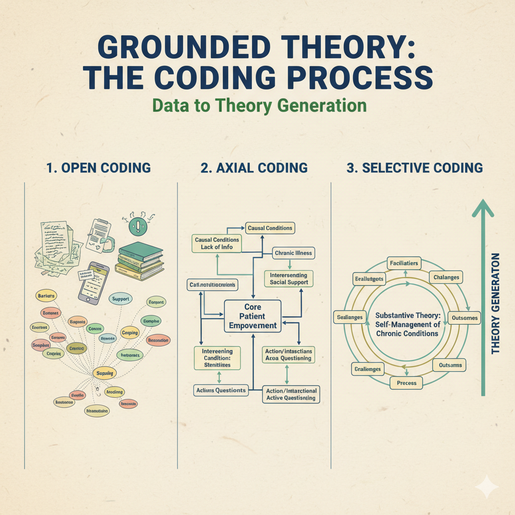 근거이론(Grounded Theory)
질적 연구에서 자료로부터 이론을 생성해내는 방법론
스트라우스(Strauss)와 코빈(Corbin)이 정립한 근거이론에서는개방코딩, 축코딩, 선택코딩이라는3단계의 분석 절차를 통해 이론을 도출함