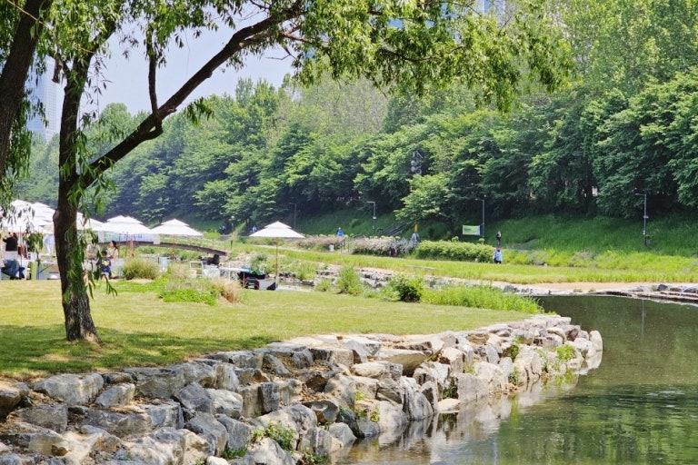 양재천 산책로 옆으로 흐르는 물길과 그늘 아래 휴식 중인 시민들 모습